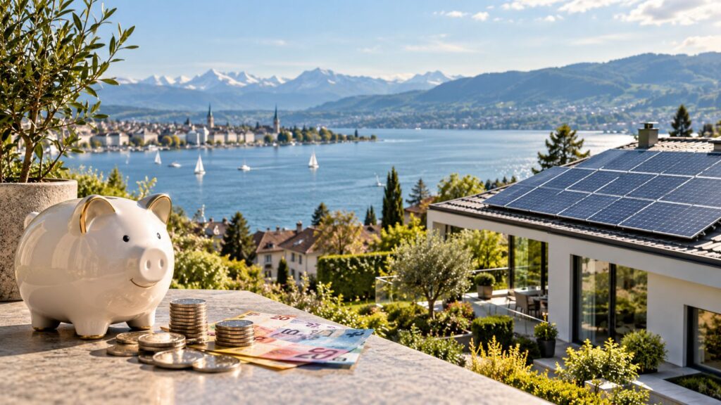 Sparschwein mit Franken vor Zürichsee und Haus mit Solaranlage – Photovoltaik Förderung Zürich