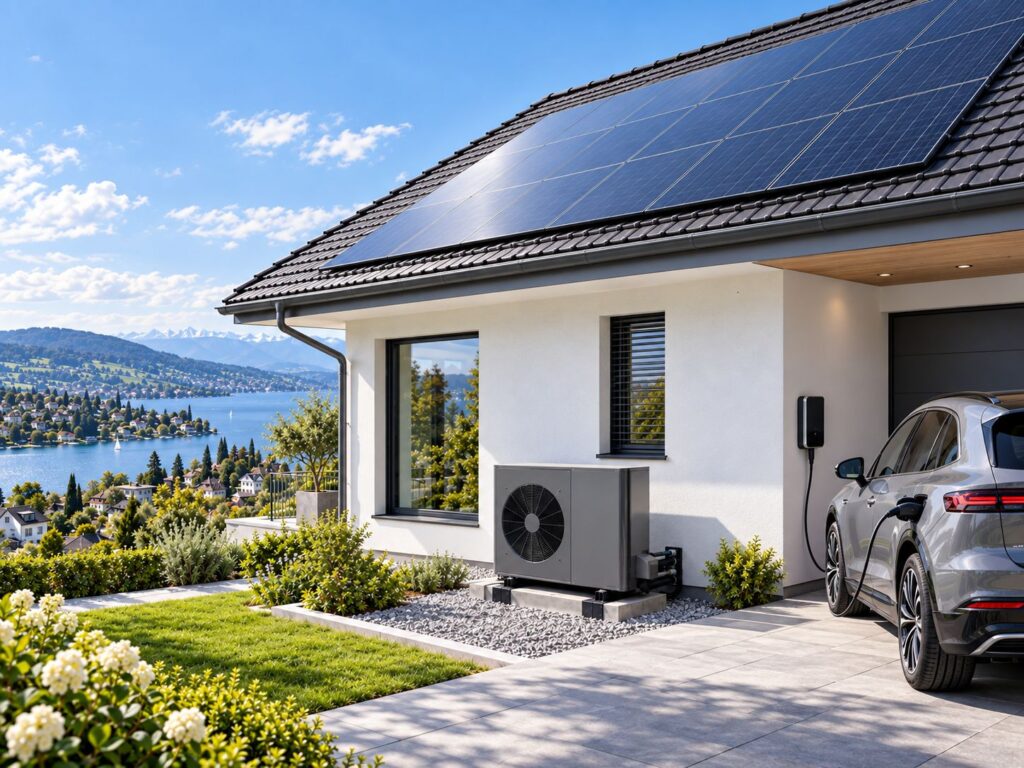 Einfamilienhaus mit Solaranlage, Wärmepumpe und Elektroauto an der Wallbox am Zürichsee
