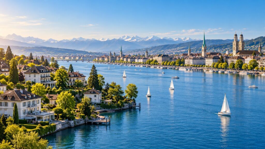 Zürichsee mit Seeufer-Villen, Zürcher Altstadt und Alpenpanorama